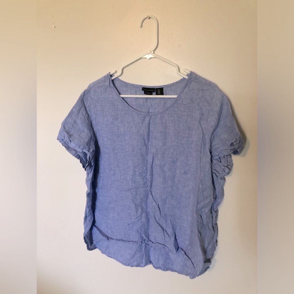 Tahari Casual Blue Linen Short Sleeve Lightweight Light Blue Denim Top